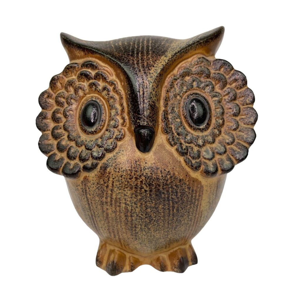 OMC Potteries Ceramic Owl Figurine 1960's Brown Folk Art Big Eyes Vintage